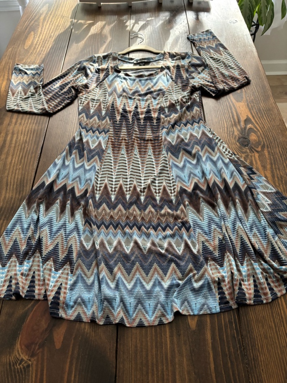 Karen Kane Long-Sleeve Chevron Fit-and-Flare Dress in Blue & Brown
